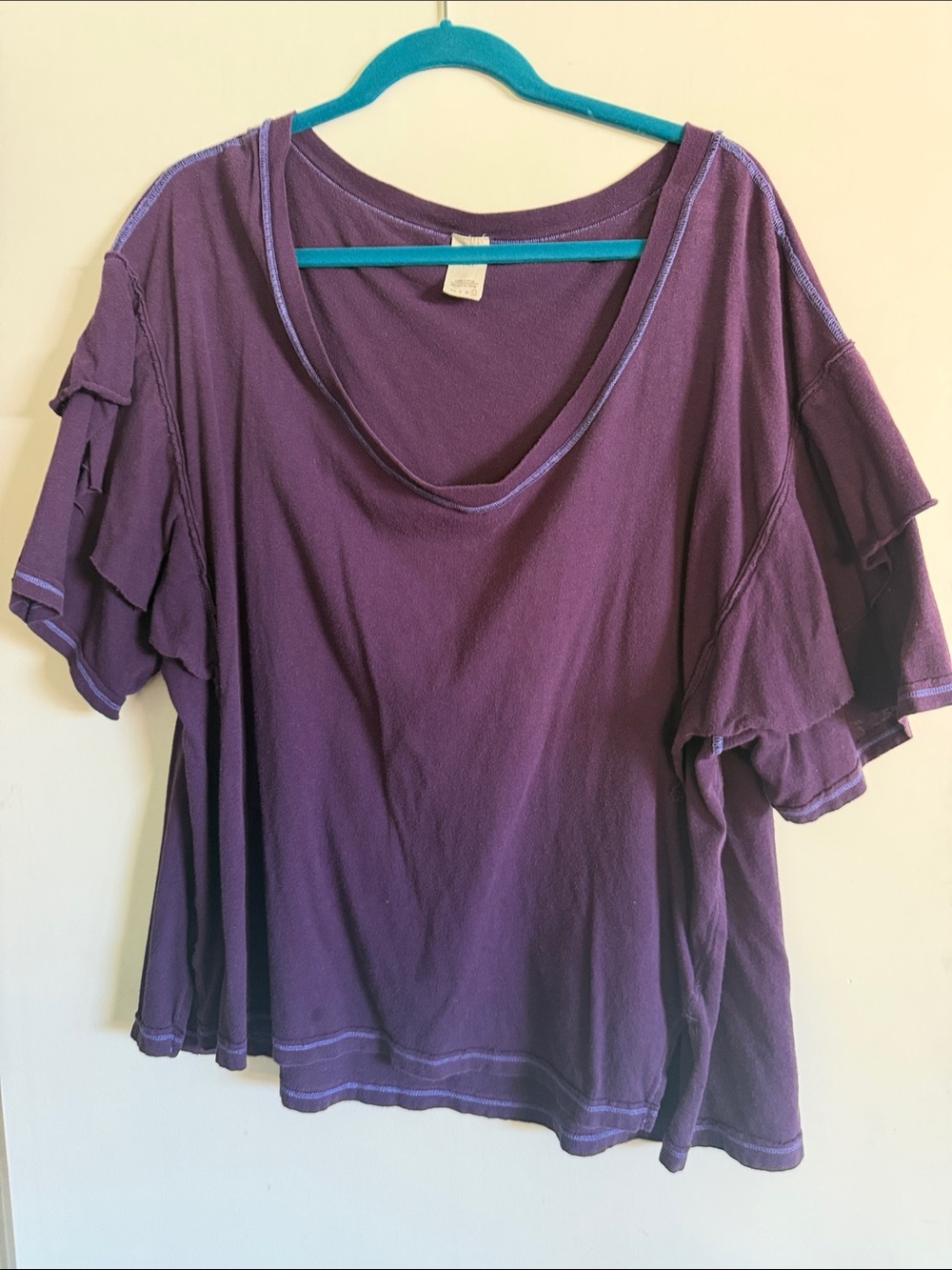 We The Free Plum Ruffle Sleeve Scoop Neck Tee